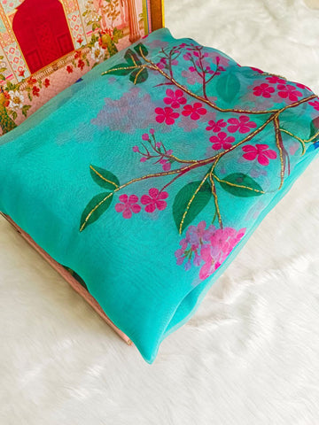 TRENDY VERY SOFT ORGANZA SILK SAREE WITH BEUTIFULL DIGITAL PRINT AND HAND WORK CLASSIC SAREE TRENDY VERY SOFT ORGANZA SILK SAREE WITH BEUTIFULL DIGITAL PRINT AND HAND WORK CLASSIC SAREE