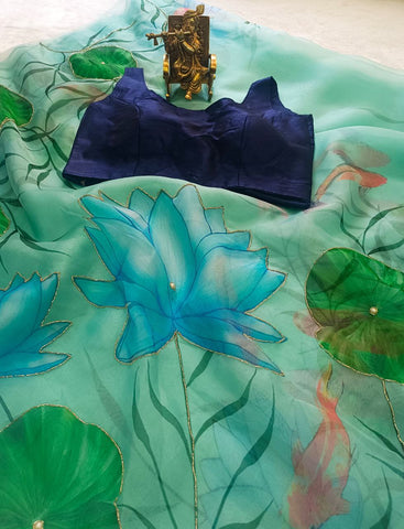 Soft pure organza printed with handwork sarees Soft pure organza printed with handwork sarees