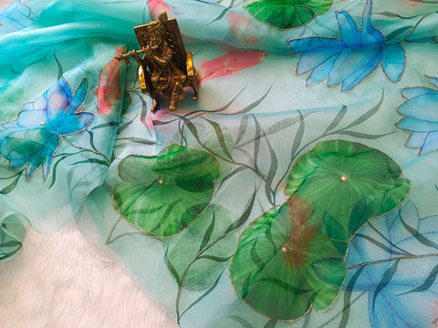 Soft pure organza printed with handwork sarees Soft pure organza printed with handwork sarees