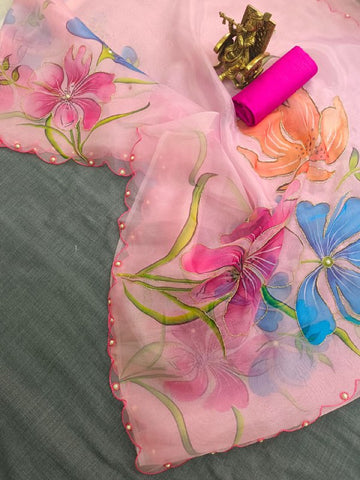 Luxury Baby Pink Hand Khatli Work Saree With Blouse Luxury Baby Pink Hand Khatli Work Saree With Blouse