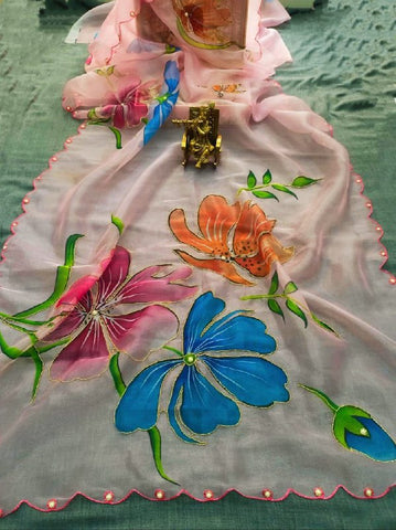 Luxury Baby Pink Hand Khatli Work Saree With Blouse Luxury Baby Pink Hand Khatli Work Saree With Blouse