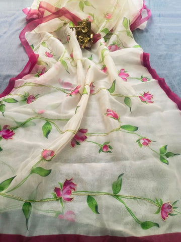 Soft Pure Organza Printed With Handwork Saree Soft Pure Organza Printed With Handwork Saree
