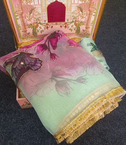 Soft pure organza printed with handwork sarees Soft pure organza printed with handwork sarees
