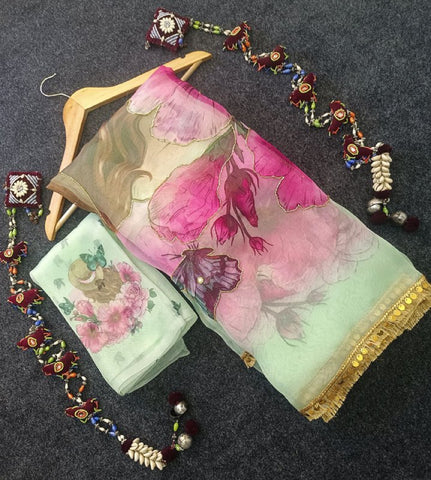 Soft pure organza printed with handwork sarees Soft pure organza printed with handwork sarees