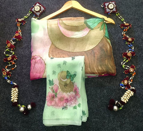 Soft pure organza printed with handwork sarees Soft pure organza printed with handwork sarees