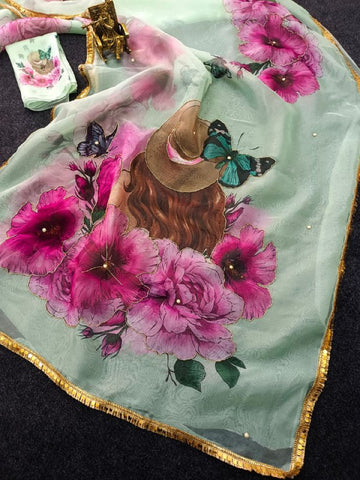 Soft pure organza printed with handwork sarees Soft pure organza printed with handwork sarees