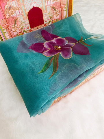 Soft pure organza printed with handwork saree Soft pure organza printed with handwork saree