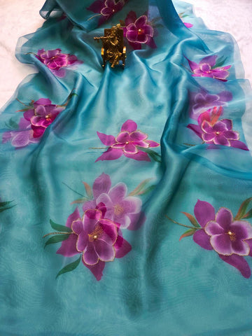 Soft pure organza printed with handwork saree Soft pure organza printed with handwork saree