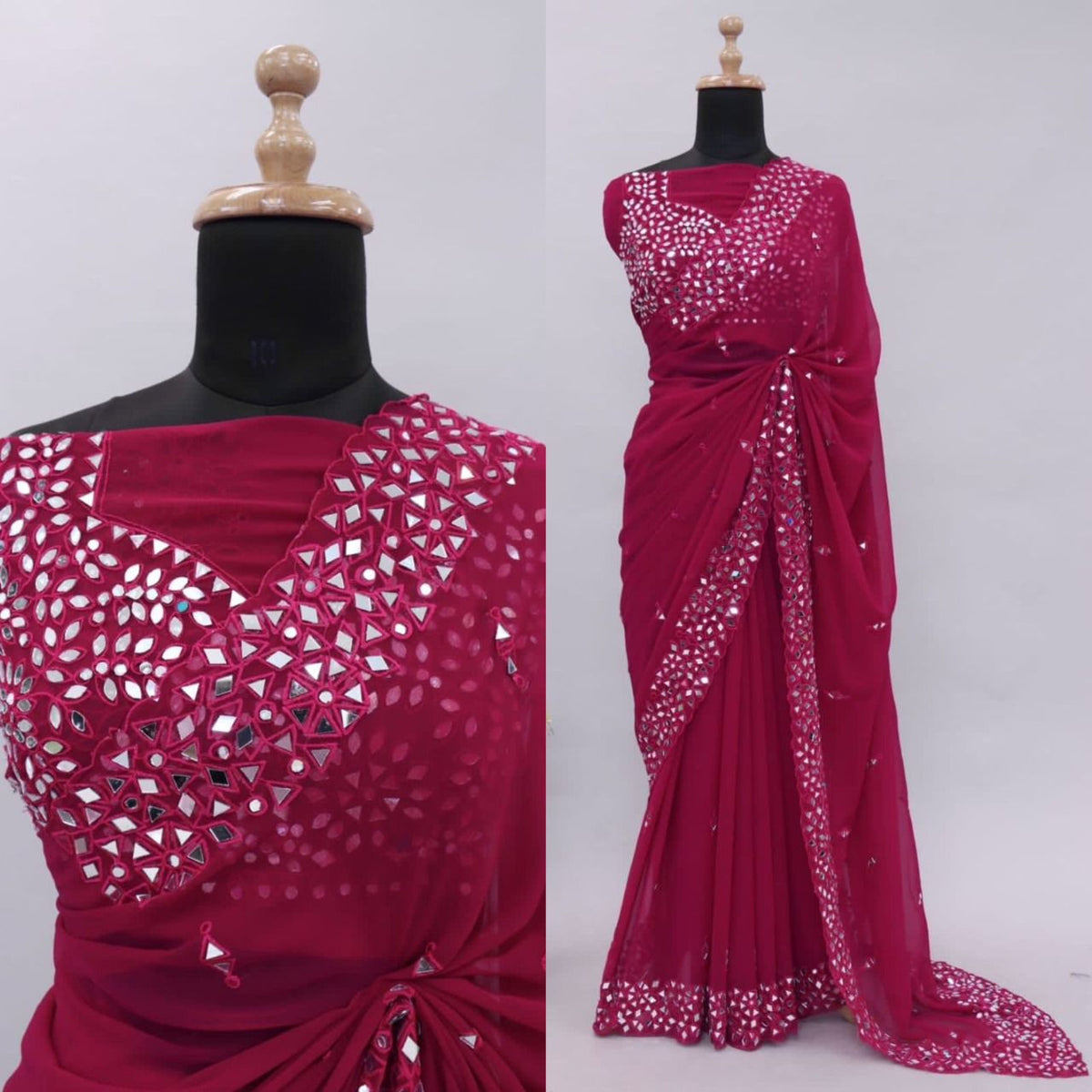Rani Pink Satin Chiffon Saree With Mirror Embroidery And Unstitched Blouse
