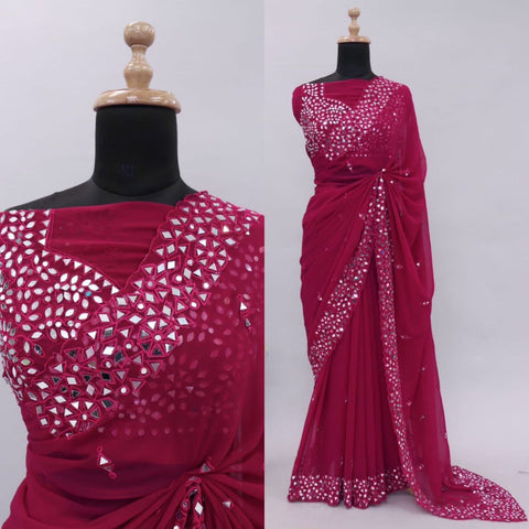 Rani Pink Satin Chiffon Saree With Mirror Embroidery And Unstitched Blouse Rani Pink Satin Chiffon Saree With Mirror Embroidery And Unstitched Blouse