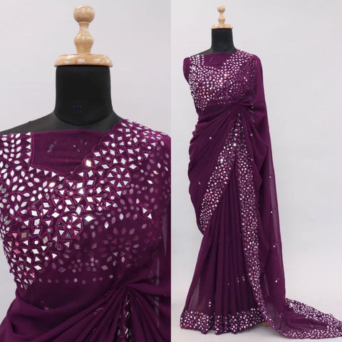 Rani Pink Satin Chiffon Saree With Mirror Embroidery And Unstitched Blouse Rani Pink Satin Chiffon Saree With Mirror Embroidery And Unstitched Blouse