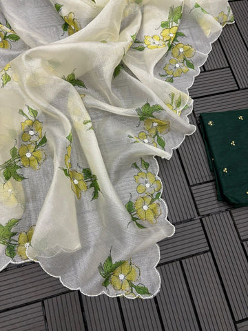 Kota-Doria Saree With Blouse And Embroidery Work Kota-Doria Saree With Blouse And Embroidery Work