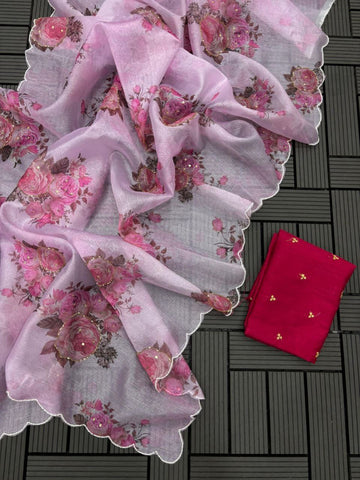 Kota-Doria Saree With Blouse And Embroidery Work Kota-Doria Saree With Blouse And Embroidery Work