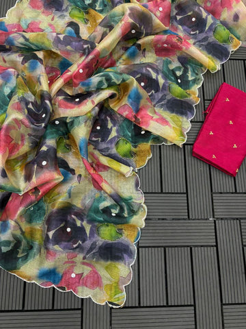 Kota-Doria Saree With Blouse And Embroidery Work Kota-Doria Saree With Blouse And Embroidery Work