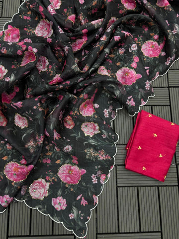 Kota-Doria Saree With Blouse And Embroidery Work Kota-Doria Saree With Blouse And Embroidery Work