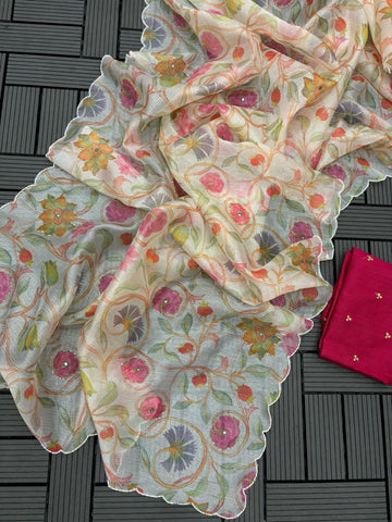 Kota-Doria Saree With Blouse And Embroidery Work Kota-Doria Saree With Blouse And Embroidery Work