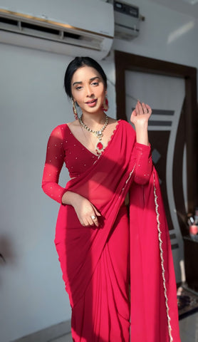 Arresting 1-Minute Ready To Wear Red Georgette Saree