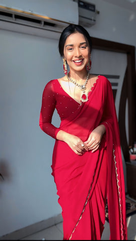 Arresting 1-Minute Ready To Wear Red Georgette Saree