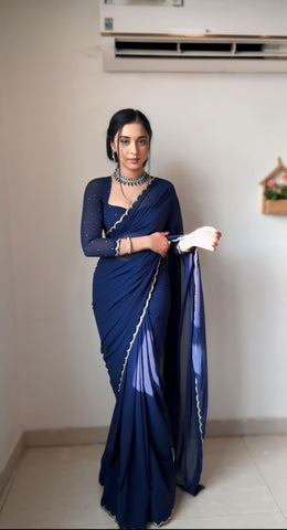 Angelic 1-Minute Ready To Wear Navy Blue Georgette Saree