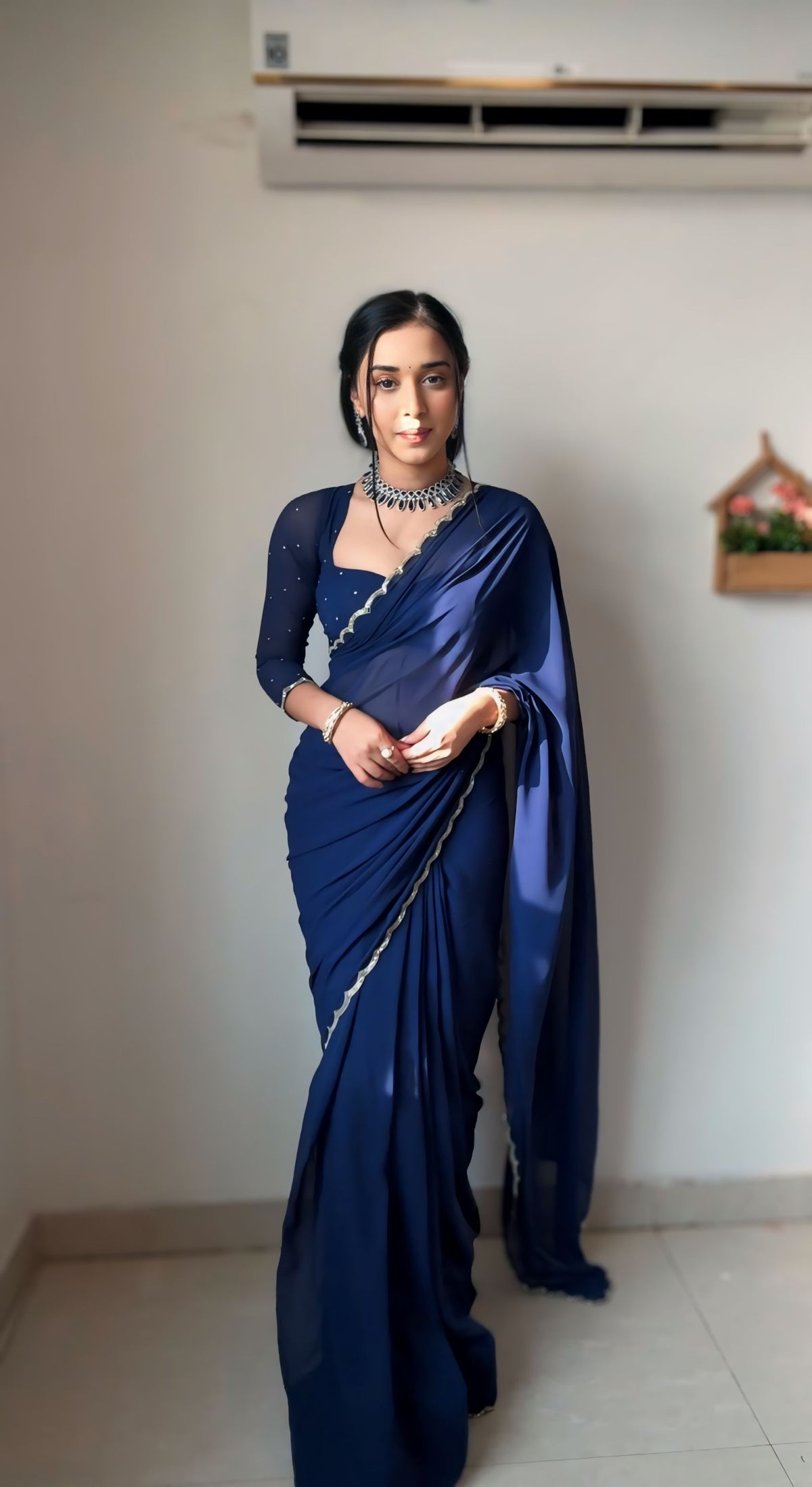 Angelic 1-Minute Ready To Wear Navy Blue Georgette Saree