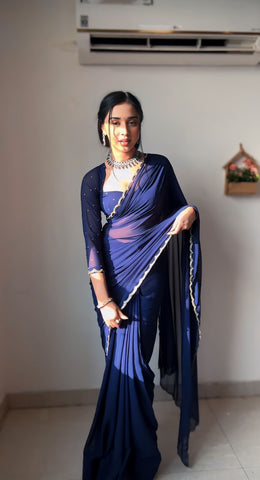 Angelic 1-Minute Ready To Wear Navy Blue Georgette Saree