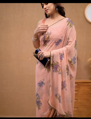 Elegant 1-Minute Ready To Wear Peach Georgette Saree