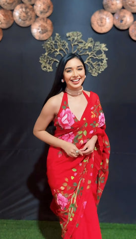 Bucolic 1-Minute Ready To Wear Red Georgette Saree