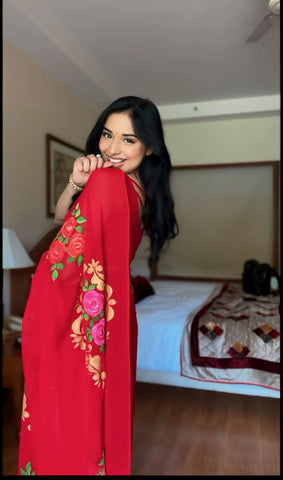 Forbearance 1-Minute Ready To Wear Red Georgette Saree