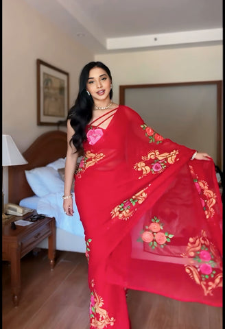 Forbearance 1-Minute Ready To Wear Red Georgette Saree