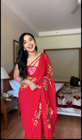 Forbearance 1-Minute Ready To Wear Red Georgette Saree