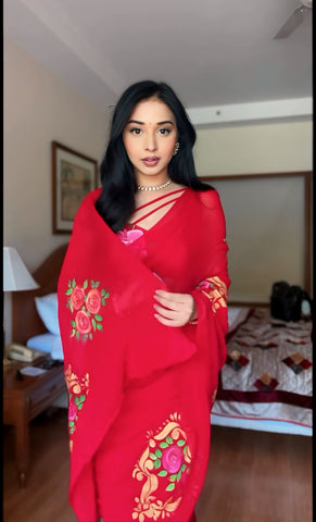 Forbearance 1-Minute Ready To Wear Red Georgette Saree