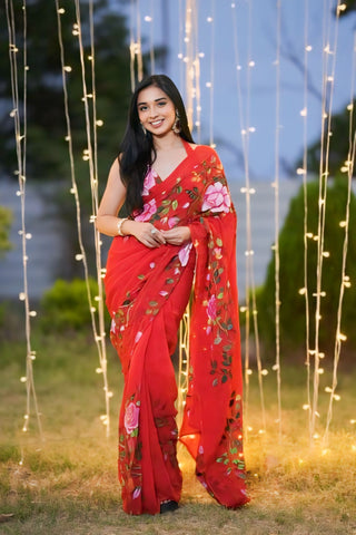 Bucolic 1-Minute Ready To Wear Red Georgette Saree