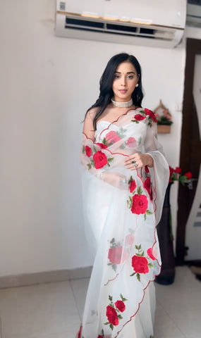 White tibby silk rose thread work ready to wear saree