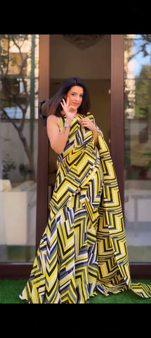 Elegant Lemon Yellow 1-Minute Ready To Wear Georgette Gown Saree