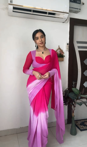 Excellent 1-Minute Ready To Wear Pink and Lavender Georgette Saree