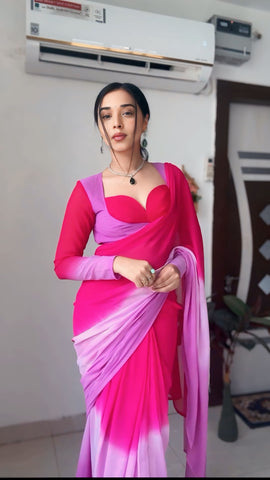Excellent 1-Minute Ready To Wear Pink and Lavender Georgette Saree