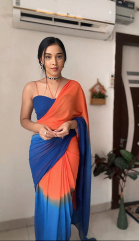 Excellent 1-Minute Ready To Wear Orange and Blue Georgette Saree