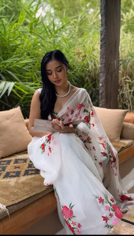 Opulent 1-Minute Ready To Wear White Organza Silk Saree