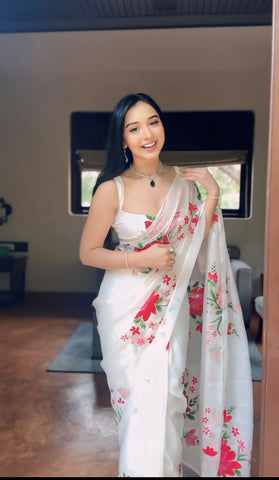 Opulent 1-Minute Ready To Wear White Organza Silk Saree