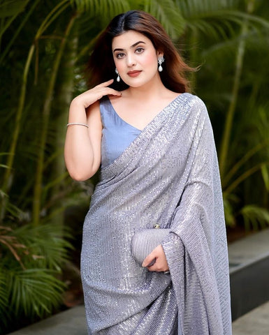 Grey Satin Fancy Sequence Work Saree