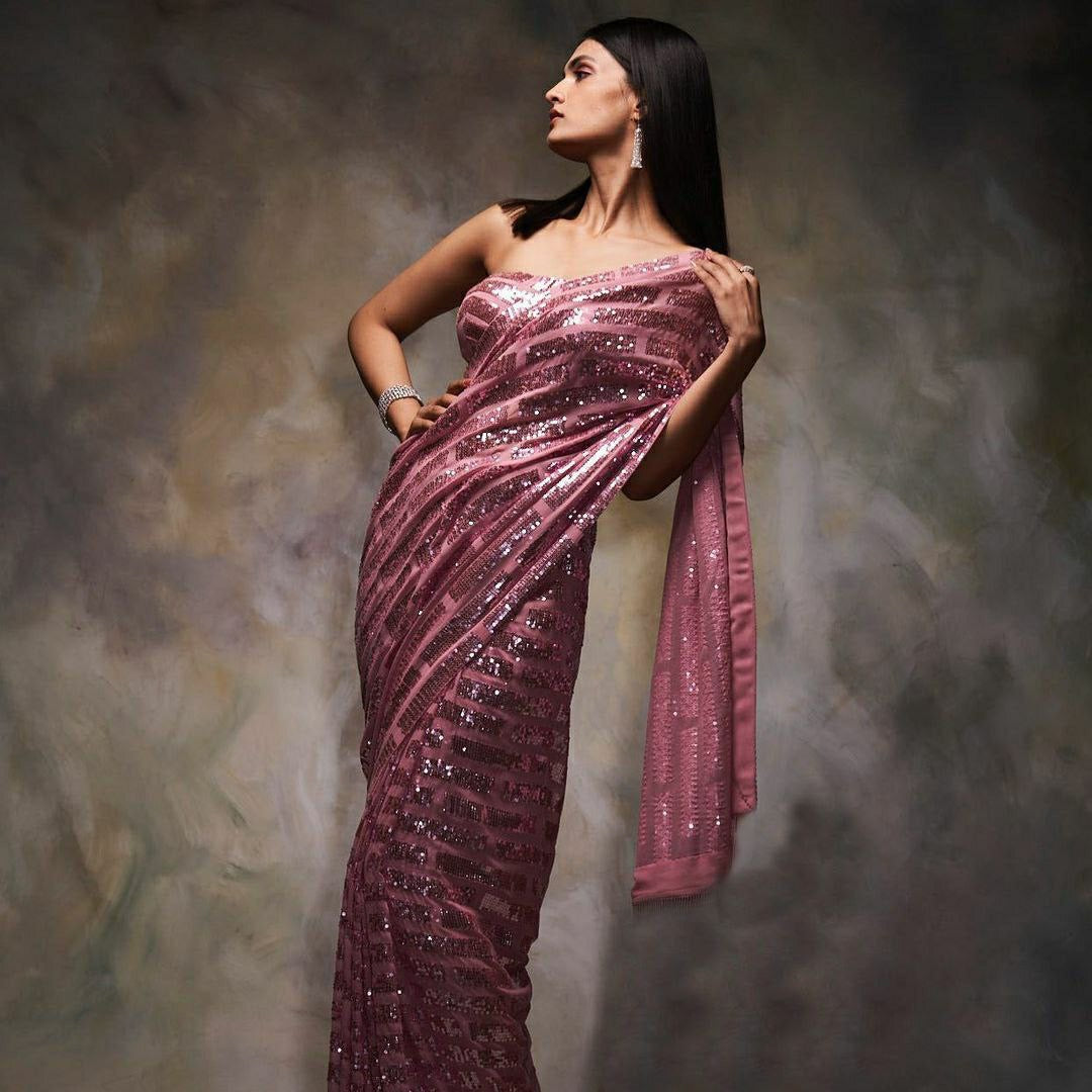 Metallic Pink Sequence Work Saree