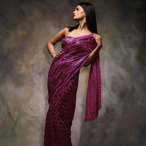 Metallic Wine Sequence Work Saree