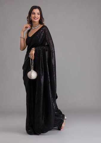 Black Satin Fancy Sequence Work Saree