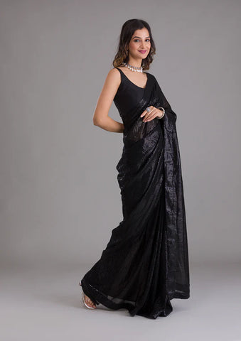 Black Satin Fancy Sequence Work Saree