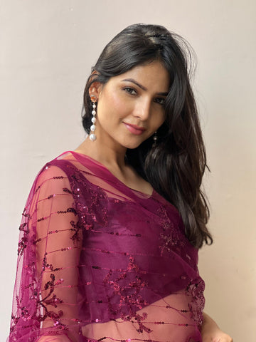 Purple Soft Net Embroidered Saree