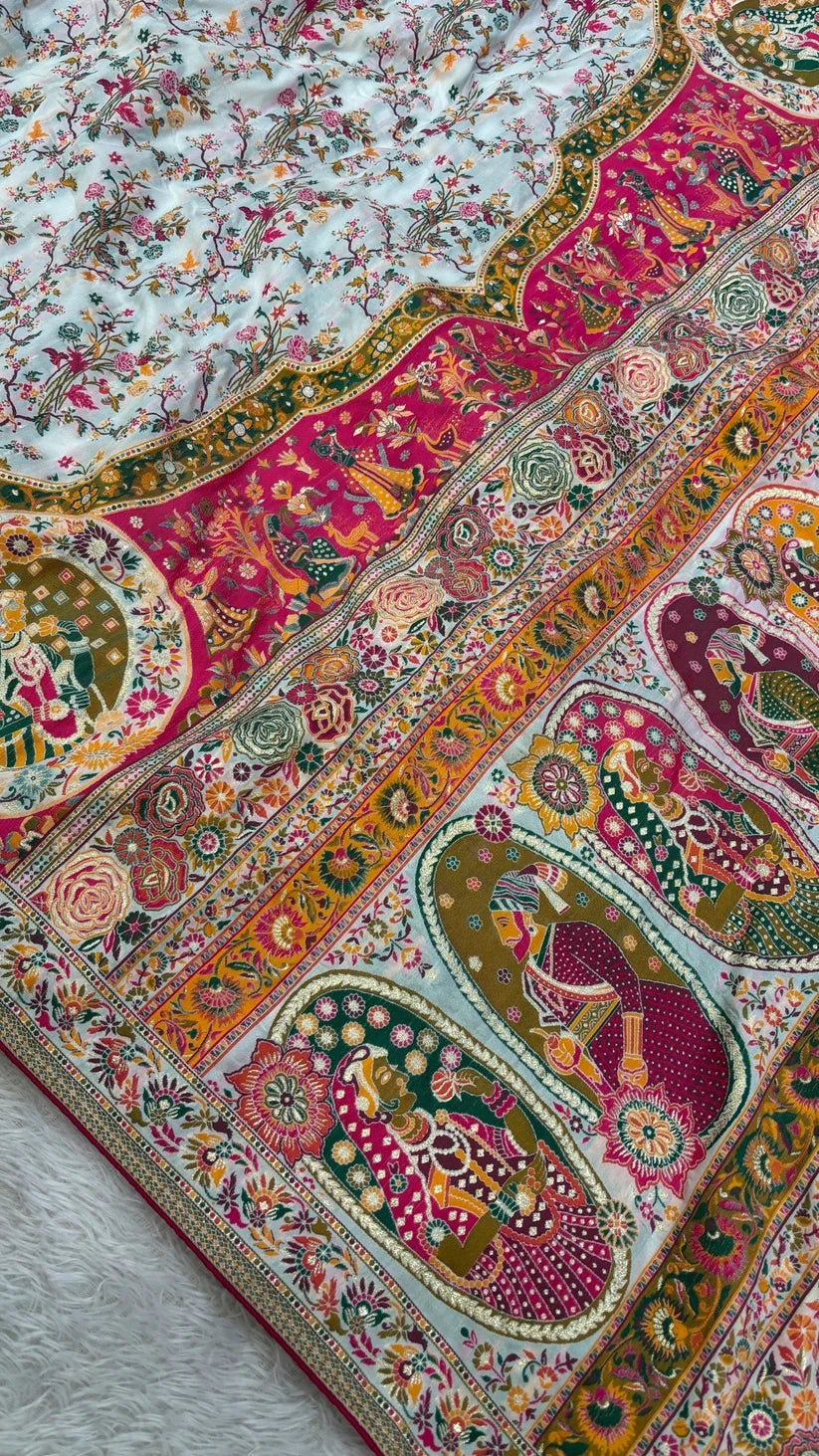 New Rajwadi Pashmina Silk Saree - WHITE