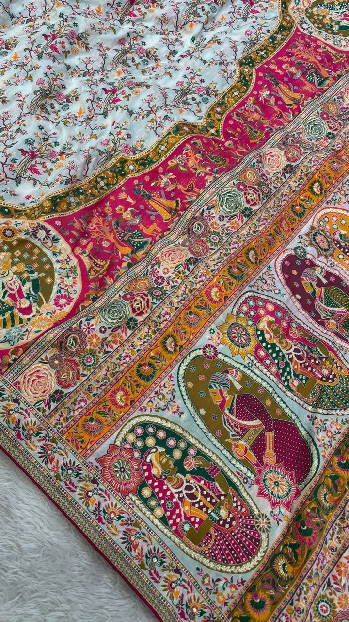 New Rajwadi Pashmina Silk Saree - WHITE