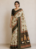 Temple-Tree Heritage Kalamkari Silk Saree with  Zari Border - BLACK