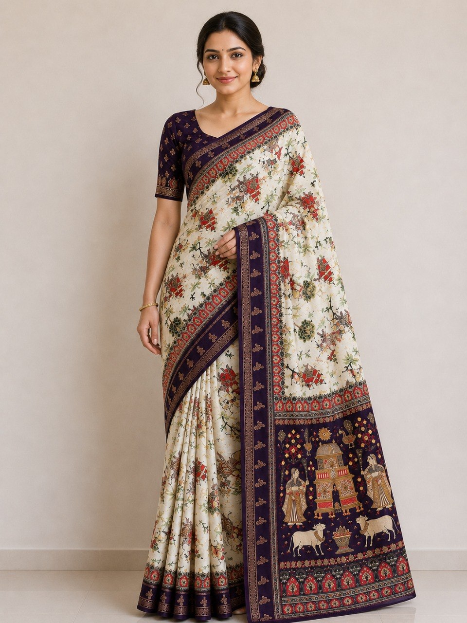 Temple-Tree Heritage Kalamkari Silk Saree with  Zari Border - WINE