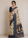 Temple-Tree Heritage Kalamkari Silk Saree with  Zari Border - BLUE